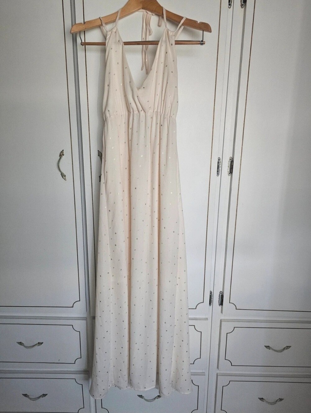 Elegant Cream Maxi Dress with Metallic Dot Accents